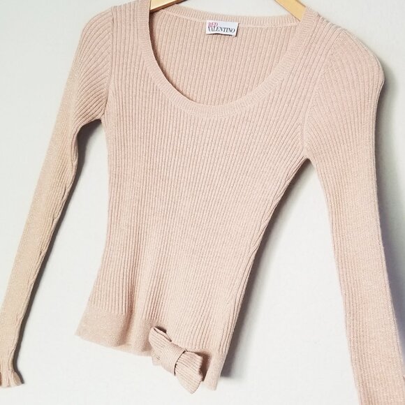 RED Valentino Champagne Rose Gold Lurex Rib Knit Bow Ruffle Fitted Sweater Wool - Picture 4 of 16